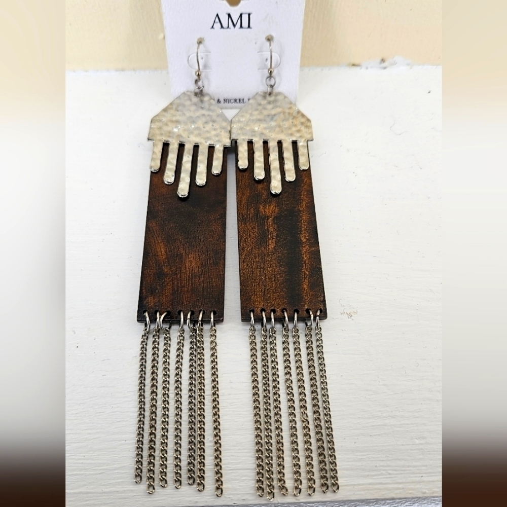 Faux wood & Silver earrings
